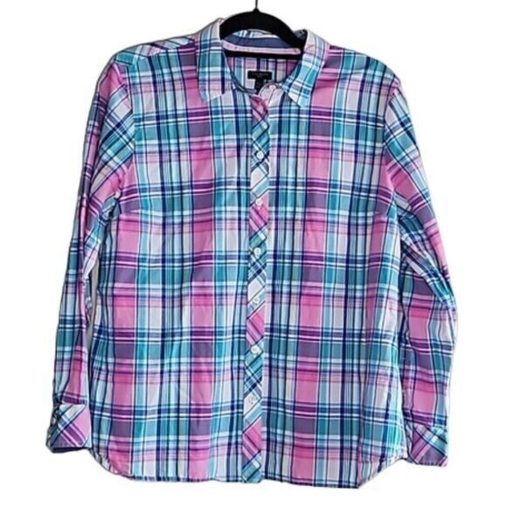 Talbots Womens XLp Button Up Pastel Plaid Preppy Academia Spring Chambray Easter